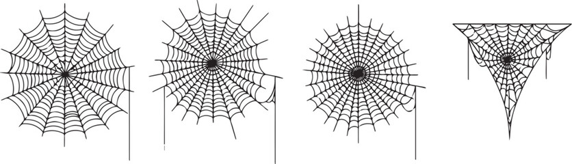 Set of halloween spider web isolated on transparent background concept design, spiderweb in black color, horror spooky decoration, spider net, creepy element, gray checkered surface, cobweb and drips