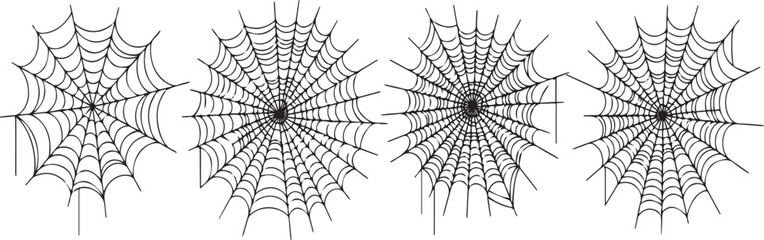 Set of halloween spider web isolated on transparent background concept design, spiderweb in black color, horror spooky decoration, spider net, creepy element, gray checkered surface, cobweb in corners