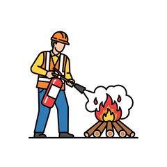 Fire Safety Worker Illustration – Construction Man Using Fire Extinguisher Vector
