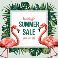 A decorative summer sale banner features flamingos surrounded by lush foliage, highlighting a special promotional offer while evoking a tropical, vibrant atmosphere. © Miao