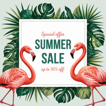 A decorative summer sale banner features flamingos surrounded by lush foliage, highlighting a special promotional offer while evoking a tropical, vibrant atmosphere.