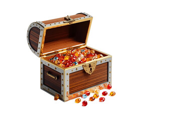 open wooden treasure chest full of gold coins and faceted orange and red round gems, no background svg
