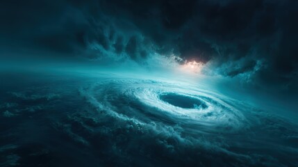 This stunning image depicts a dramatic swirl of clouds amidst a turbulent sky, conveying powerful forces of nature, awe, and the beauty of dynamic weather phenomena.