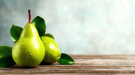 Vibrant green pears glistening with fresh dew rest on a rustic wooden table, surrounded by lush green leaves, evoking a sense of freshness and organic beauty.