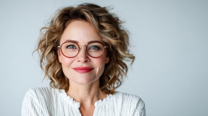 A joyful and confident woman with curly hair and glasses looks directly at the camera, radiating positivity and warmth, perfect for representing self-expression.