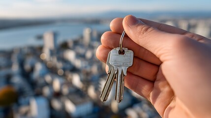 Holding the keys to a new apartment or property overlooking the city