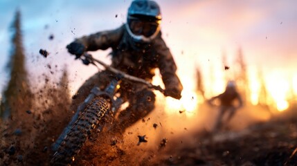 Mountain bikers fiercely navigate through a gritty trail at dusk, surrounded by clouds of dust and an enchanting twilight sky, capturing the essence of freedom and adventure.