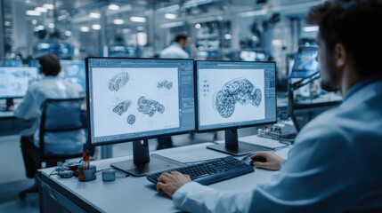 Obraz premium Engineer working on 3D models of automotive parts on dual monitors in a modern factory. A focused engineer in a lab coat designs complex mechanical components using advanced computer-aided design.