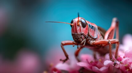 Fototapeta premium A vibrant red grasshopper perched on delicate pink flowers, exhibiting intricate details, showcasing nature's beauty and the delicate relationship between insects and flora.