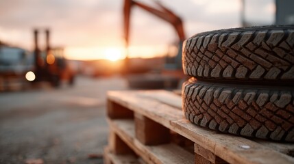 A close-up view of stacked tires on wooden pallets at sunset, emphasizing industrial design and the beauty found in everyday objects, symbolizing durability and strength.