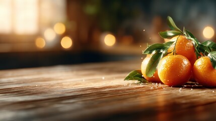 A vibrant display of fresh oranges rests on a rustic wooden table, conveying warmth and freshness while inviting viewers to savor the simple joys of life.