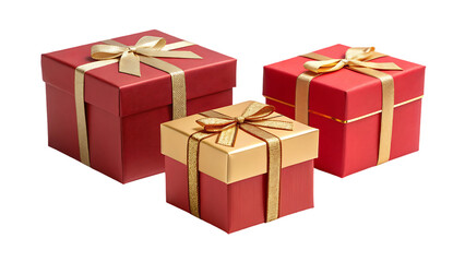 Three festive red and gold gift boxes with ribbons and bows arranged for holiday celebration isolated on transparent background