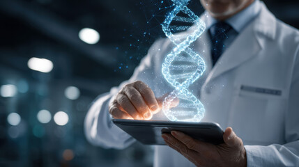 Scientist uses tablet to interact with a glowing holographic DNA double helix in a modern laboratory. advancements in genetic research and biotechnology.