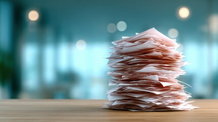 This image features a large, disorganized stack of papers sitting on a wooden table, showcasing the chaotic nature of office work and documentation in modern life.
