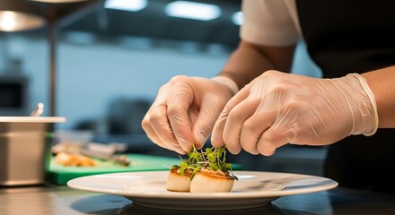 Chef meticulously arranging microgreens on seared scallops gourmet plating