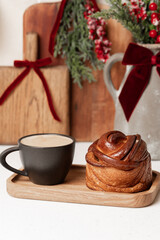 Christmas baking, Cinnabon buns, cinnamon rolls, cup of coffee