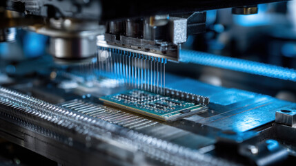 Automated machine precisely places components on a circuit board in a factory setting. Close-up view of a robotic arm with multiple needles carefully assembling electronic components.