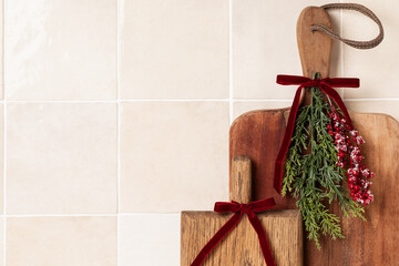 Christmas kitchen decor, red bows, preparations for Christmas and New Year