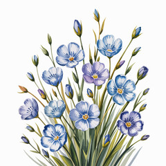 This vibrant illustration showcases a bouquet of blue flowers and delicate green leaves, perfect for floral designs, nature themes, or artistic inspirations for creative projects.