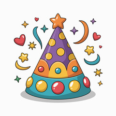 This vibrant, festive party hat features playful stars, hearts, and circles, making it a perfect accessory for celebrating birthdays and joyful events.