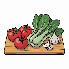 A vibrant assortment of fresh vegetables, including tomatoes, garlic, and bok choy, artfully arranged on a wooden chopping board, symbolizing healthy cooking and nutrition.