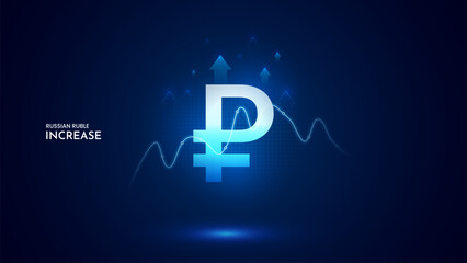 Ruble value increase with graph and blue background. Ruble increase vector illustration set. Ruble cost increase icon