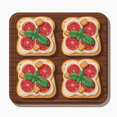 A wooden platter holds four beautifully arranged toasts topped with fresh tomato slices, croutons, and basil leaves, showcasing an appetizing culinary presentation.