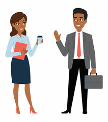 Two professionals, a man and a woman, engage in conversation in an office setting, exemplifying networking, collaboration, and the essence of modern workplace interactions.