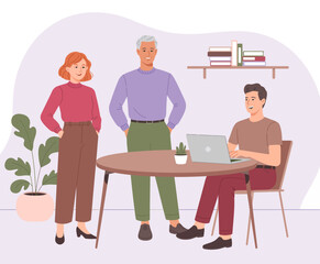 A friendly group of three professionals engage in a collaborative work environment, showcasing their interactions and teamwork around a table, emphasizing creativity and innovation.