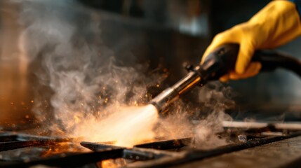 This dynamic image captures a powerful flame being emitted from a professional cleaning torch, demonstrating an intense moment of tool usage in a kitchen environment.