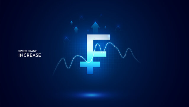 Swiss Franc value increase with graph and blue background. Swiss Franc increase vector illustration set. Swiss Franc cost increase icon