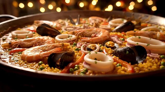 A large bowl of food with shrimp, mussels, and other seafood. The dish is yellow and has a lot of different ingredients