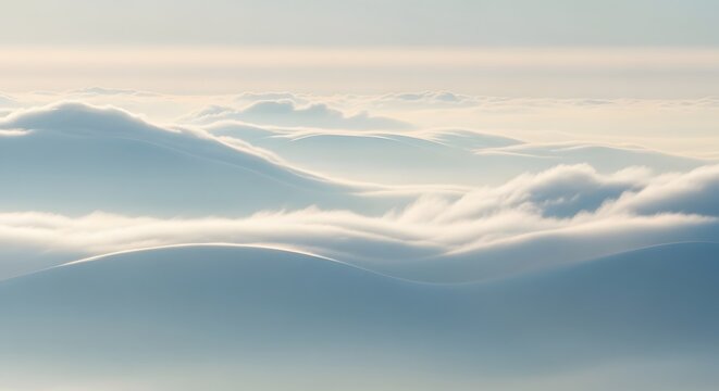 Serene Rolling Clouds Blanketing Mountain Peaks, Ethereal Cloudscape Landscape with Soft Pastel Tones