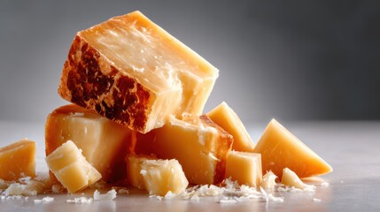 A collection of artisanal cheese blocks artfully arranged, showcasing their rich textures and colors, evoking gourmet culinary experiences and indulgent flavors.