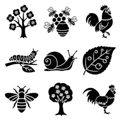 Nature Waking Up Rooster Blooming Tree Bees Dew On Leaf Caterpillar Snail