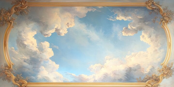 Ornate ceiling painting depicting a serene, cloud-filled sky
