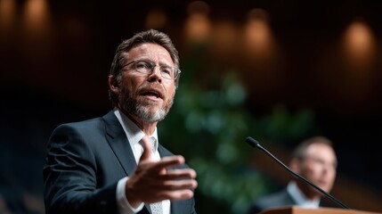 A charismatic speaker passionately addressing an audience from a podium, embodying leadership and confidence while conveying important messages in a professional setting.