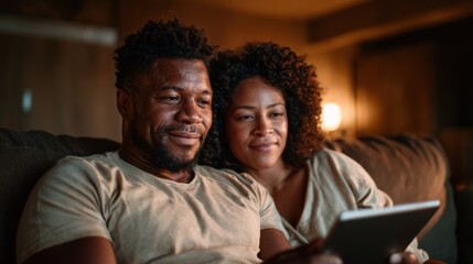 A happy couple snuggled together on a sofa, enjoying time while browsing on a tablet, showcasing companionship and joy in a warm, intimate home setting.