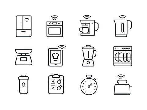 Smart Kitchen Icons. Smart kitchen devices. Line icon set of sma