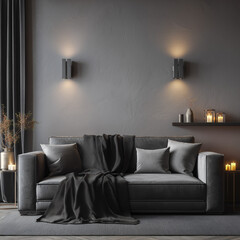moody minimalist living room with soft candle lighting