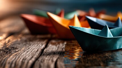 A collection of colorful paper boats placed on reflective water, symbolizing childhood memories and creativity while showcasing a vibrant interplay of colors and light.