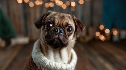 A cute pug dog with large, expressive eyes wears a fluffy sweater, creating an adorable and heartwarming scene filled with warmth and charm during a cozy indoor setting.