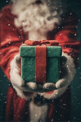Santa Claus holding wrapped Christmas gift with festive lights and falling snow, warm holiday atmosphere and cozy seasonal mood on dark background

