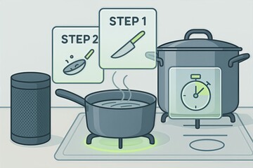 AI cooking assistant demonstrating step by step culinary instructions with engaging visual elements featuring kitchen utensils and timer capturing the essence of modern culinary convenience