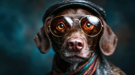 A stylish dog wearing sunglasses and a hat, striking a cool pose against a beautifully blurred background, showcasing personality and charm, ideal for pet fashion and lifestyle photography.