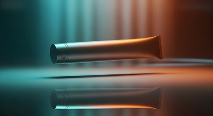 Naklejka premium Sleek Metallic Cosmetic Tube Floating on Reflective Surface with Vibrant Teal and Orange Gradient Lighting