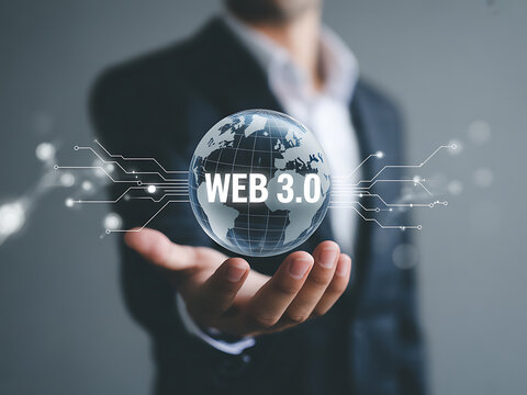 Web 30 technology sphere, businessman holding digital globe, futuristic internet concept, blockchain, global network communication - Powered by Adobe