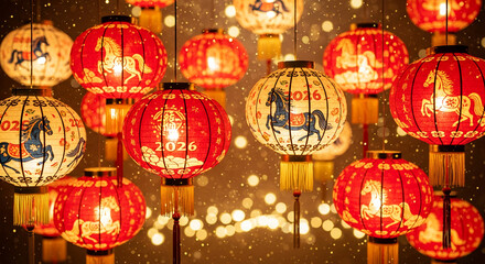 Several red and white spherical paper lantern hang with horse illustration, year 2026 and oriental writing, representing upcoming New Year celebration