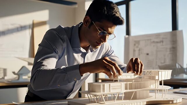Architect working on a building model in a bright office environment.
