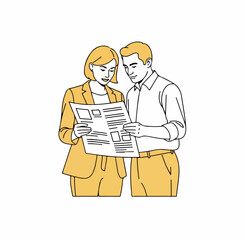 Minimal Vector Coworkers Reviewing Printed Document Together &ndash; Isolated Illustration